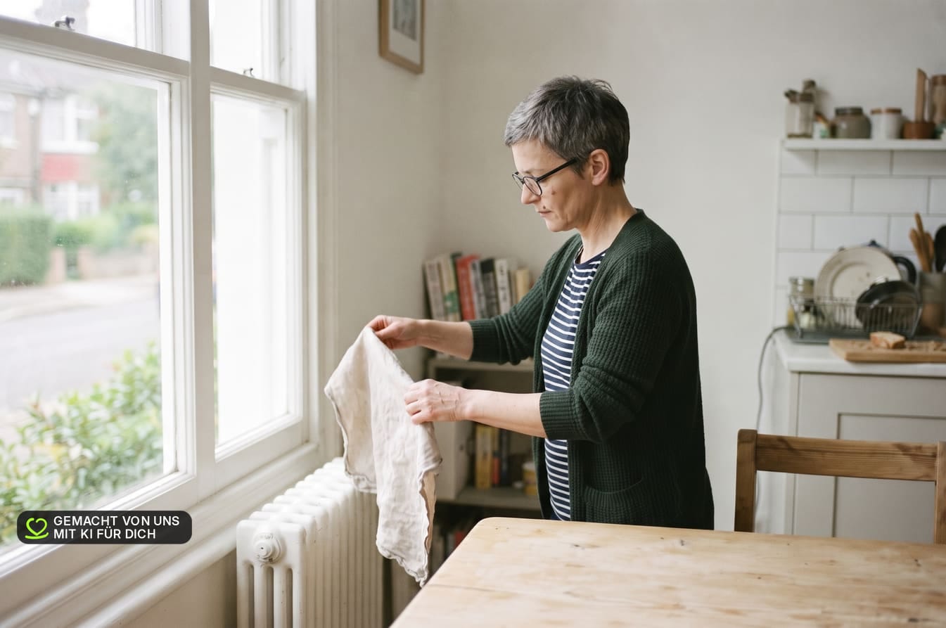 KI-erzeugtes Bild: Eine Frau steht an ihrem Küchenfenster und trocknet sich die Hände ab; auf dem Tisch ein Brett mit Krümeln. Keine reale Person.