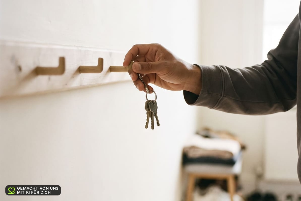 KI-erzeugtes Bild: Eine Hand hängt im Flur einen Schlüsselbund an einen Holzhaken, dahinter eine Bank mit Schuhen. Keine reale Person.