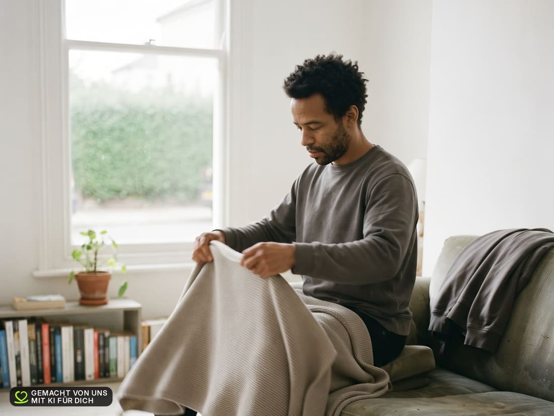 KI-erzeugtes Bild: Ein Mann sitzt quer auf dem Sofa, ein Schuh noch an, und zieht sich gerade eine Decke über ein Knie. Keine reale Person.
