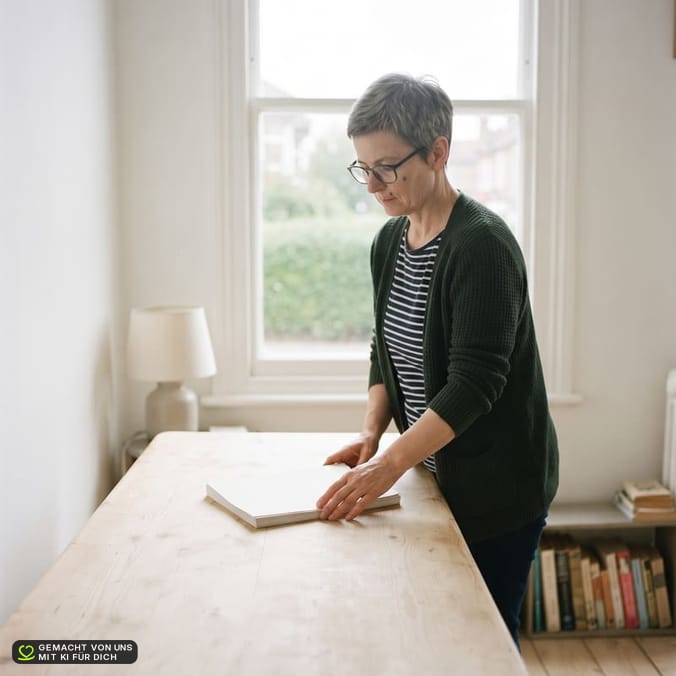 KI-erzeugtes Bild: Eine Frau legt an einem schmalen Tisch die flache Hand auf einen Stapel leeres Papier, die vordere Tischhälfte liegt frei. Keine reale Person.